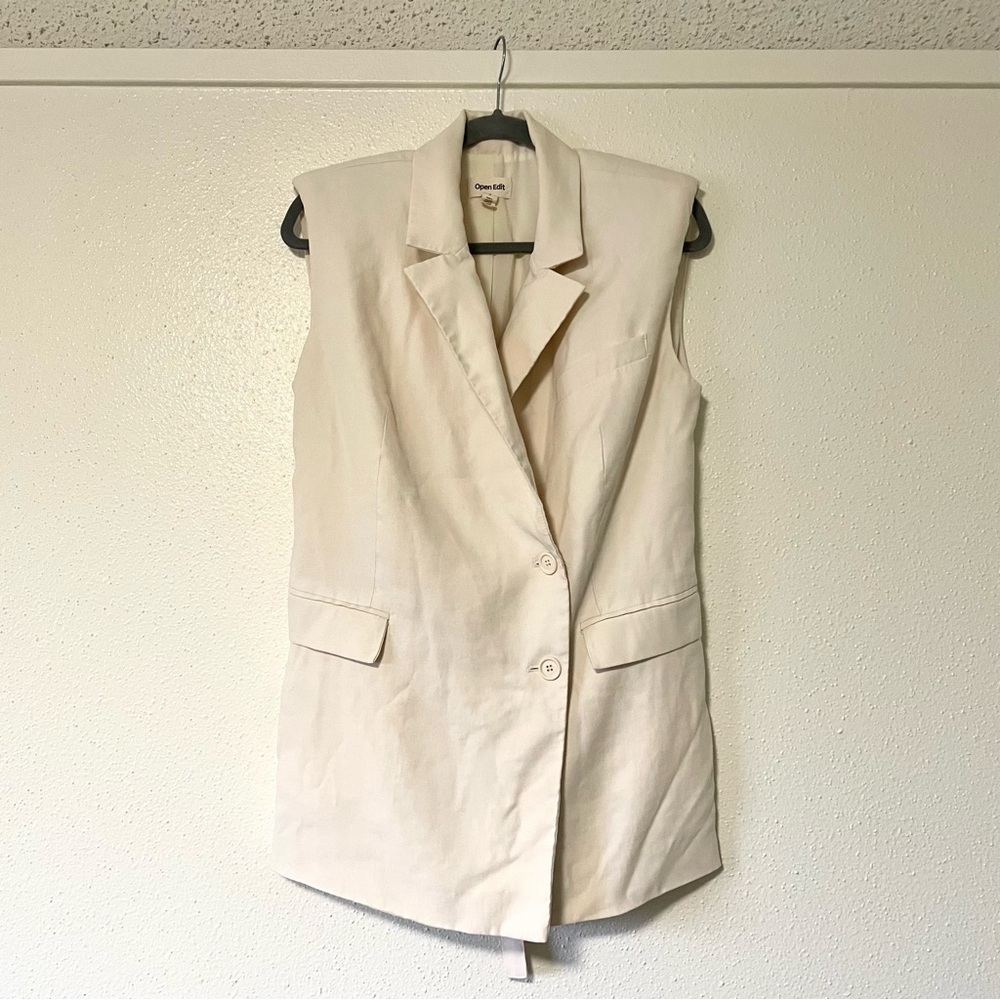 Open Edit Women’s Oversized Vest Sz S Shoulder Pads Cream Color Elegant Business